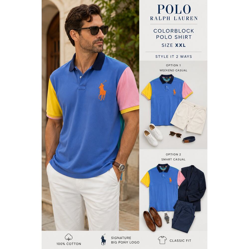 Polo Ralph Lauren Polo Shirt XXL Blue Colorblock Big Pony Logo Cotton Classic